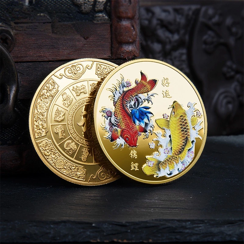 

Koi Fish Collectible Coin Chinese Collection Coins Good Lucky Silver Gold Coin Lucky Mascot Commemorative Souvenir