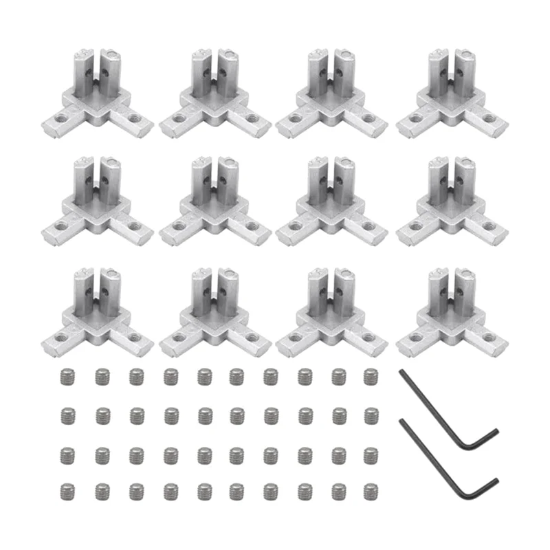 

12 шт., набор 3-ходовых угловых коннекторов 2020 с 48 винтами M4 и 2 гаечными ключами M2 для алюминиевых экструдий серии 2020