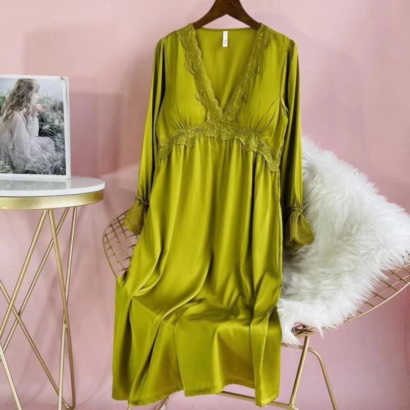

2022 Sleepwear Women Nightdress Satin Lace Sleep Dress Long Sleeve V-neck Nightgown Loungewear Robe Kimono Summer Dressing Gown