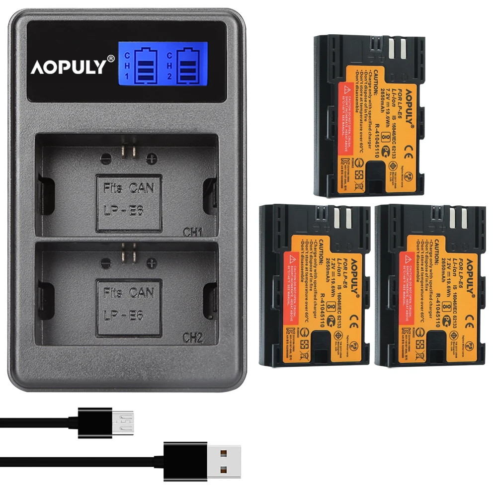 AOPULY 3 шт., 2650 мА/ч, аккумулятор LPE6 LP E6 + ЖК-дисплей, двойное USB зарядное устройство для Canon 5D Mark II/III 6D 7D 60D 60Da 70D DSLR EOS 5DS