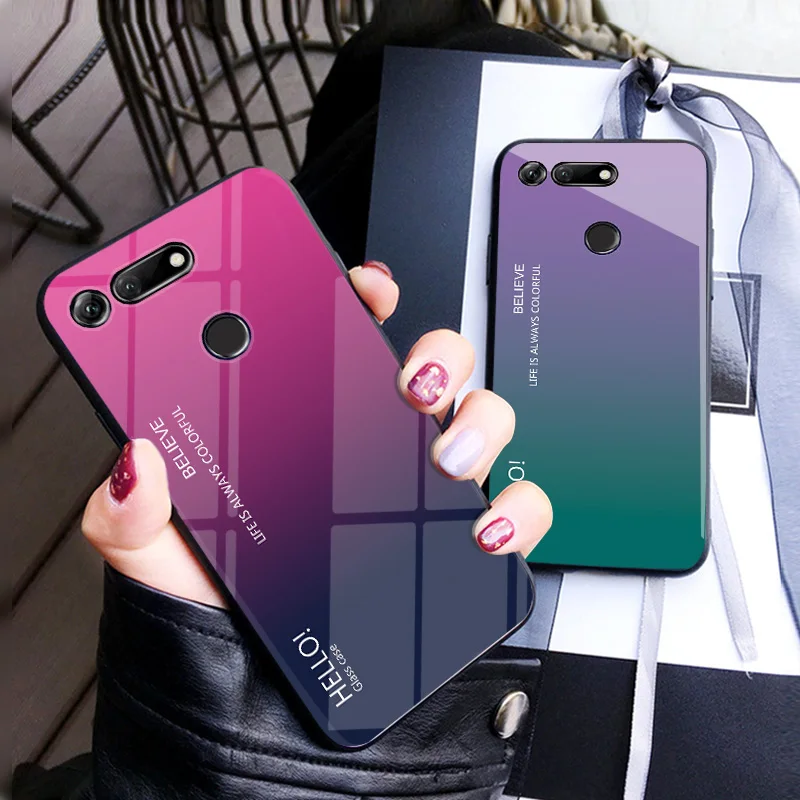 

Honor View 9 10 20 30 40 Case Gradient Tempered Glass Phone Cover Soft Bumper For Honor View10 View20 Shockproof Glass Cases