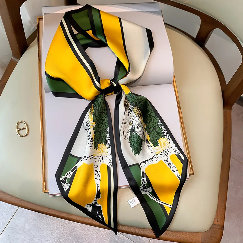 

Корейский Весенний новый длинный Шелковый Искусственный галстук женский шейный узкий шарф повязка для волос с принтом лошади фирменный пл...