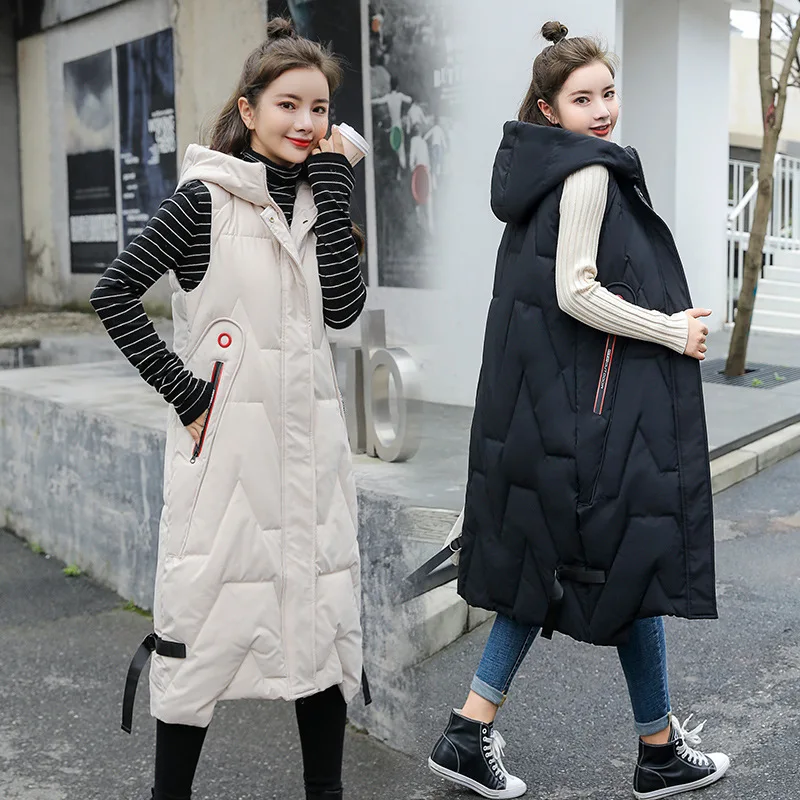 

Women Long Down Cotton Vest Jacket Winter Coat New Korean Hooded Parker Female Windproof Sleeveless Waistcoat Women's Clothing