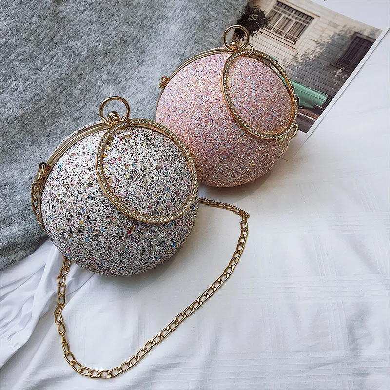 

2022 Women Evening Day Clutch Colorful Diamonds Crystal Round Ball Shaped Clutches Handbag Lady Wedding Purse Chain Shoulder Bag