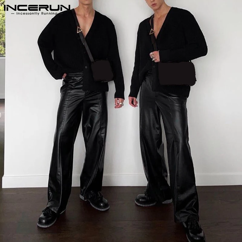 

INCERUN Men Pants Solid Color Joggers PU Leather Elastic Waist Loose Streetwear Fashion Straight Trousers 2022 Casual Pantalon