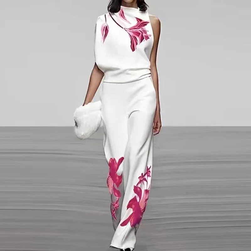 

Женский офисный Повседневный длинный комбинезон, Элегантная блузка без рукавов с цветочным принтом и брюки с высоким воротником и широкими штанинами