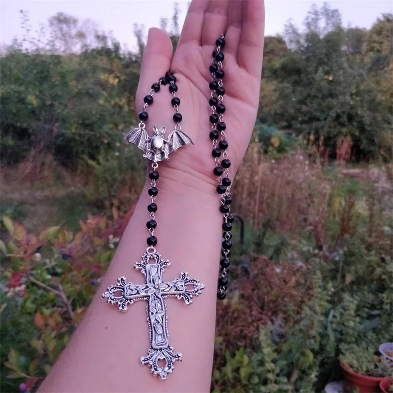 

Gothic Vampire Rosary Necklace Victoria Vampirc Bat Cross Black Beaded Long Necklace Men Women 2022 Trendy Goth Jewelry