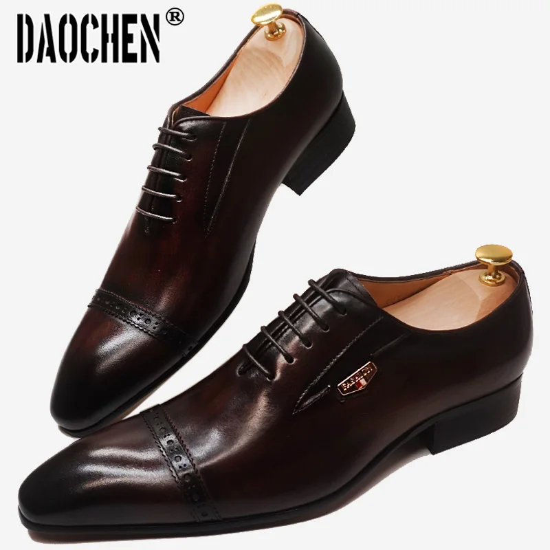 Elegant Men Formal Shoes Lace Up Pointed Cap Toe Genuine Leather Black Brown Men Dress Shoes Wedding Office Oxford Shoes For Men