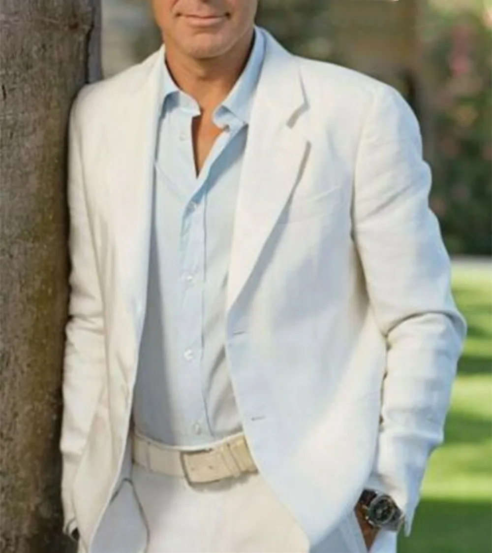 

Белый летний льняной Мужской Блейзер 2 предмета вечерние свадебные смокинги приталенные индивидуальные мужские деловые костюмы (пиджак + брюки) для мужчин среднего возраста