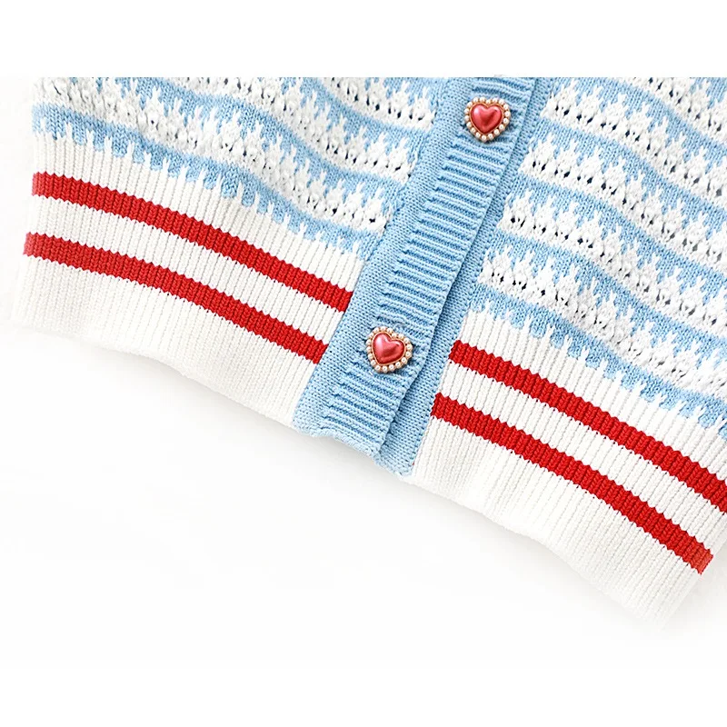 Женский однобортный вязаный кардиган в полоску с коротким рукавом и матросским