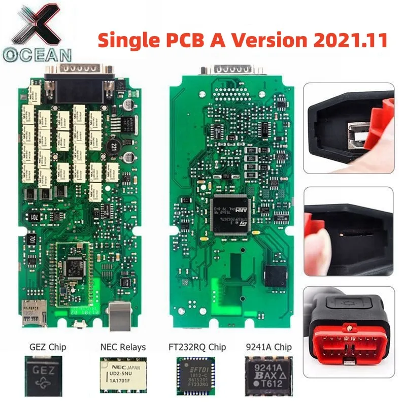 

A + TCS PRO Зеленая Одиночная печатная плата с чипом FT232RQ 9241A TCS PRO V2021.11 NEC релейный рабочий автомобиль/грузовик OBD2 диагностический сканер