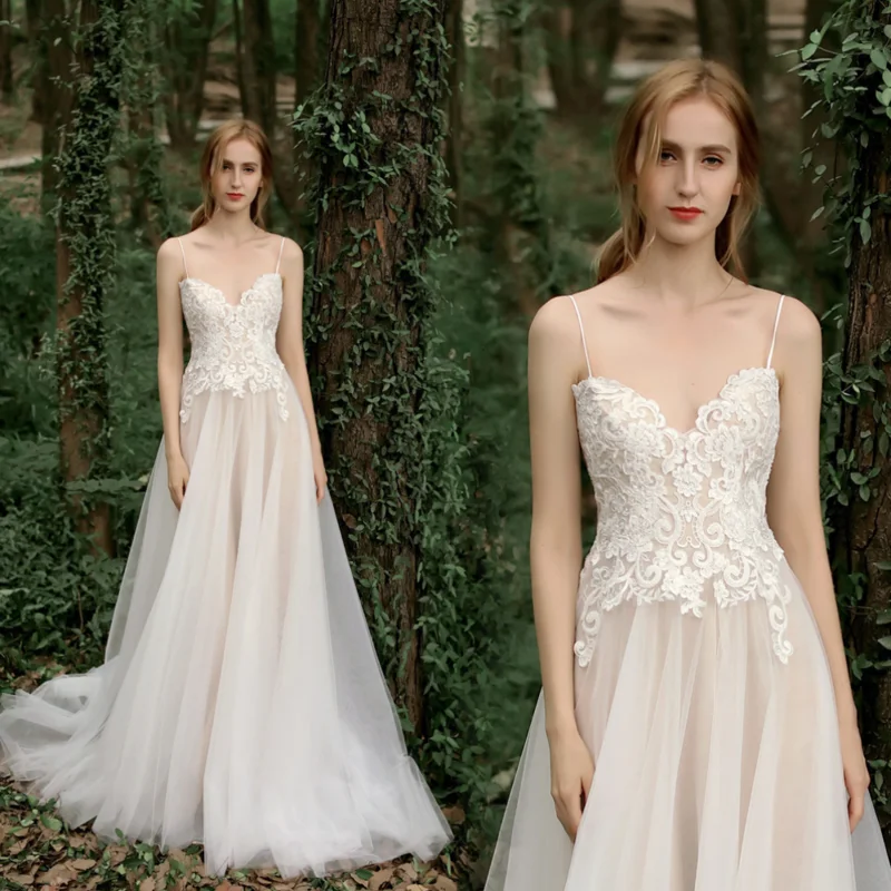 

Elegant Sweetheart Backless Wedding Dress White Spaghetti Strap Beading Applique Tulle Bridal Gown Lace-up Vestido De Noiva 2023