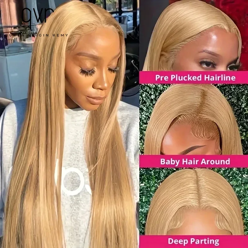 QVR Медовый блондин Цветной костяной прямой 13X6x2 Парик фронтальной части шнурка Remy