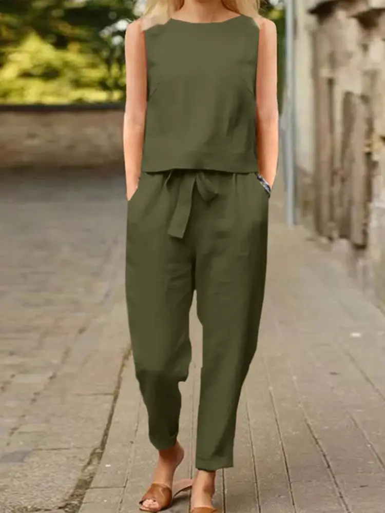 

2023 ZANZEA Summer Matching Sets Women Pant Sets Causal Sleeveless Tank Tops Trousers Suits Holiday Two Piece Sets Woman Outfits