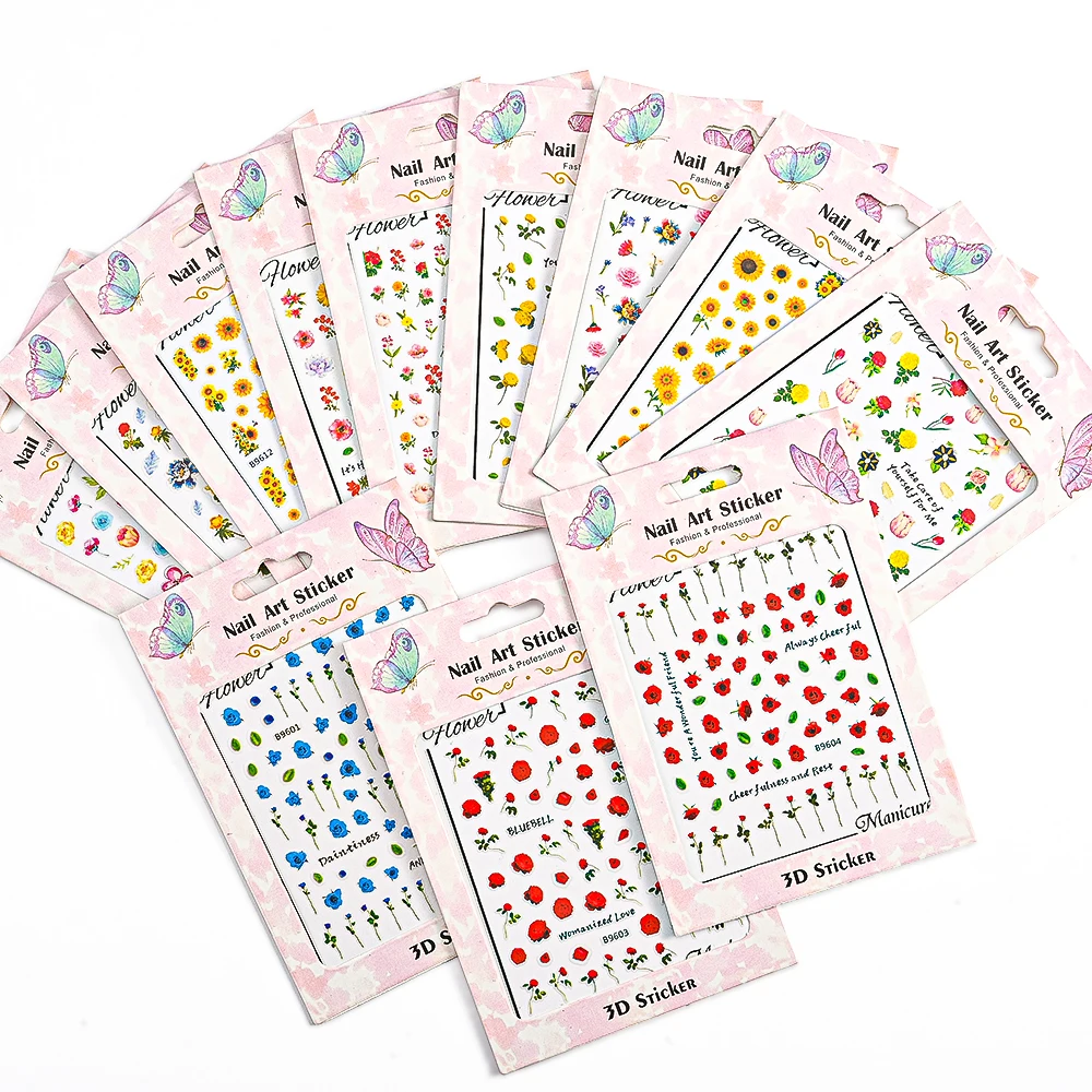 

3D Colorful Summer Flower Nail Sticker Blue Yellow Flowers Decals Self-adhesive Sliders Design For Manicure Decorations NKZ196