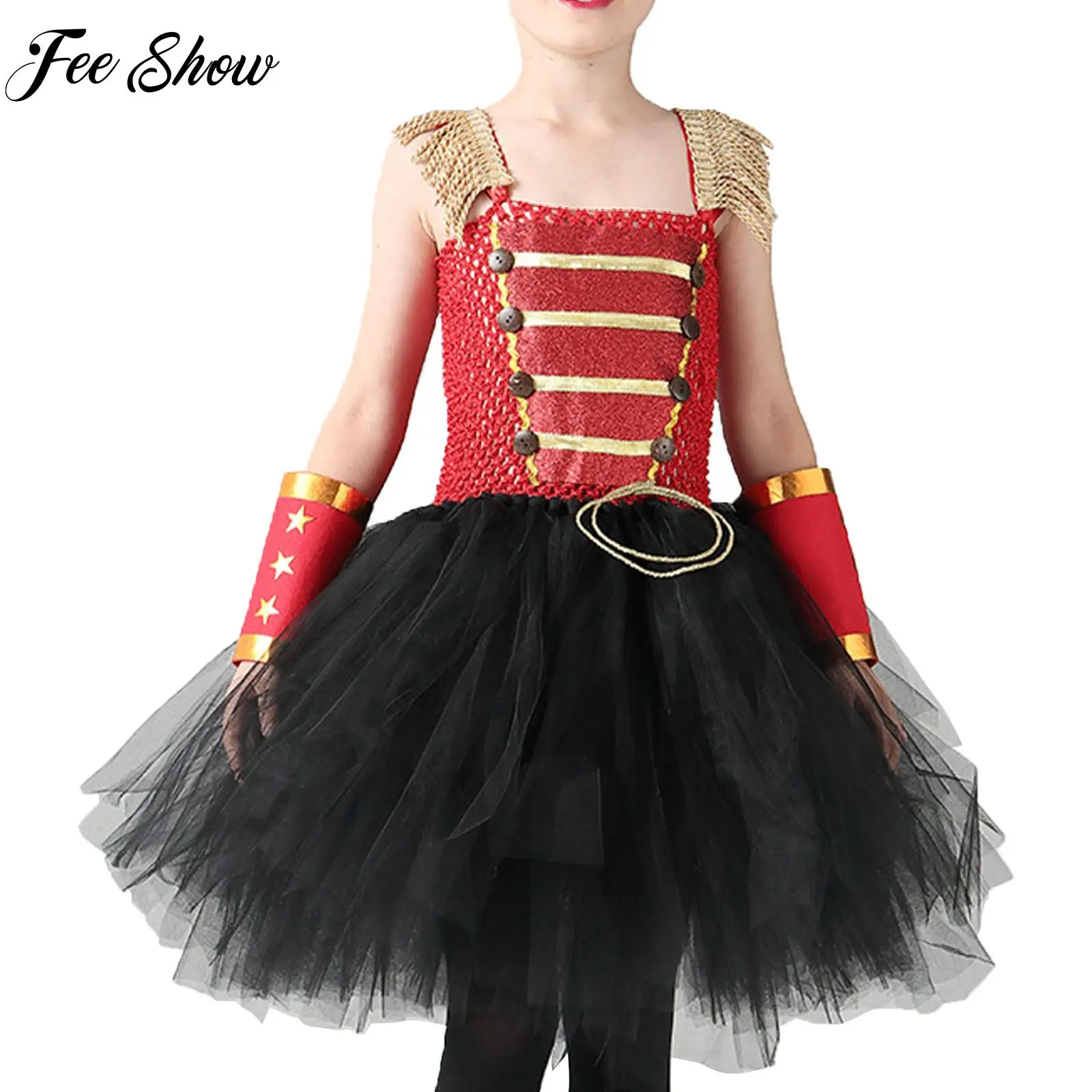 

Kids Girls Halloween Circus Ringmaster Costumes Cutout Bodice Tutu Dress with Armbands Headwear Suit Stage Performance Dess Up