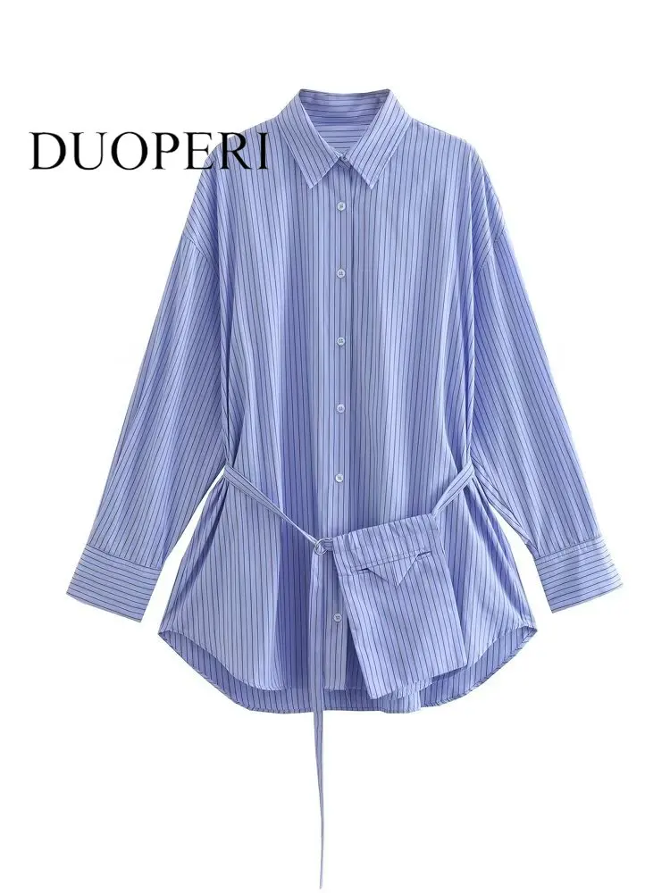 

Блузка DUOPERI женская с поясом, модная однобортная в полоску, винтажная шикарная рубашка с длинными рукавами, воротником с лацканами