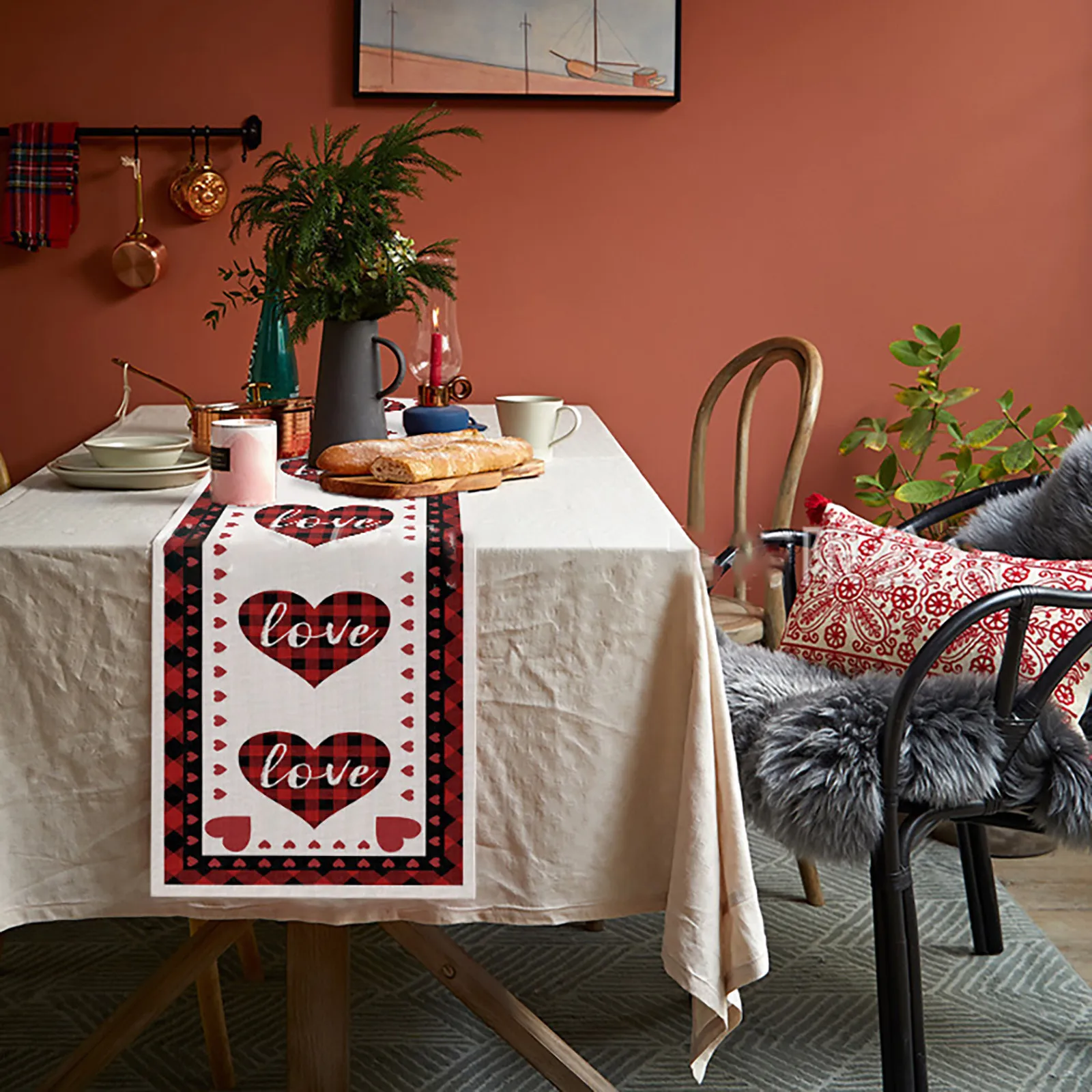 

New Romantic Valentine'S Day Table Flag Love Plaid Cotton Printed Home Decoration Tablecloth Home Decorations Table Flag Decor