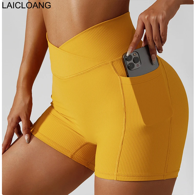 

Cross Waist Yoga Short With Pocket Quick Dry Ribbed Seamless Spandex High Crossover Waist Biker Short Running V Back Gym Legging