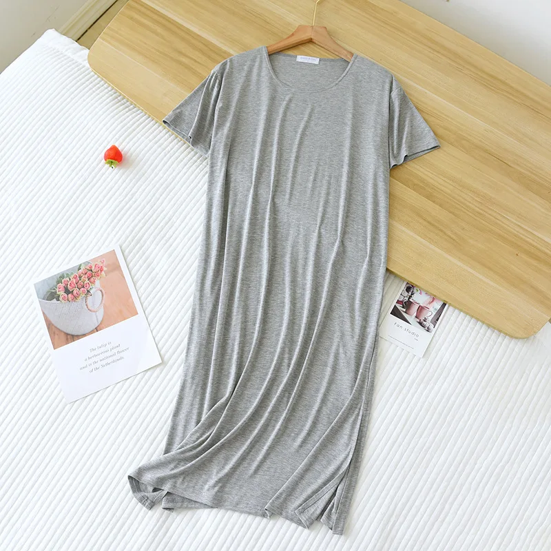 2023 New Summer Women's Sleeping Dress Combed Cotton Bottom Split Long Dress Casual Solid Color Slim Short Sleeve Home Dress