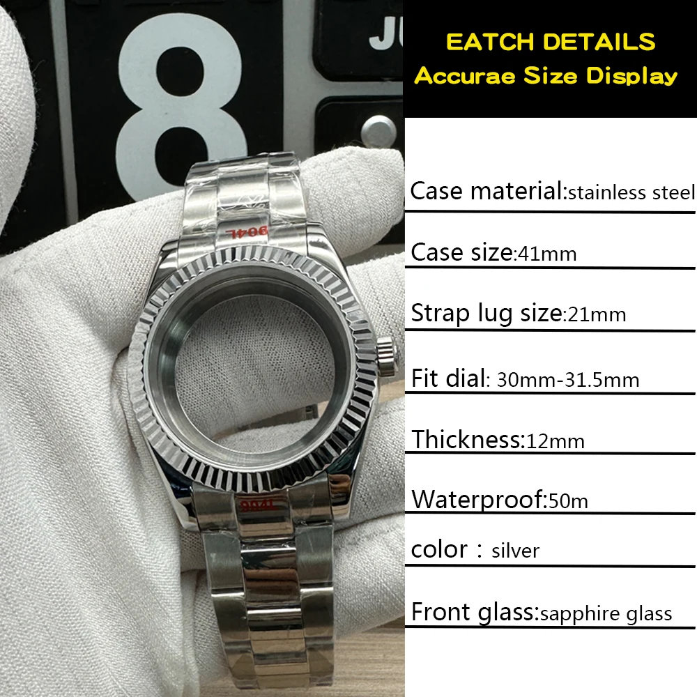 Stainless Steel Polish Watch Case 41mm for SEIKO NH35 Sapphire Watches Crystal Solid Back Waterproof Fluted Bezel Folding Clasp