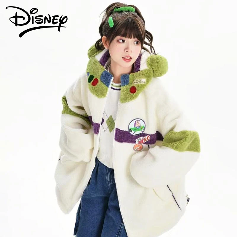 Abrigo de lana de cordero para niñas, chaqueta de felpa con capucha de dibujos animados de Buzz Lightyear de Toy Story de Disney Kawaii, manga larga y cálida para invierno