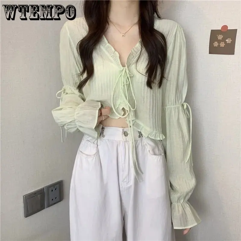 

WTEMPO Sweet Ruffle Lace Up Casual Cardigans Women Summer Long Sleeve Sunscreen Coats Female Candy-color Chiffon Cropped Tops