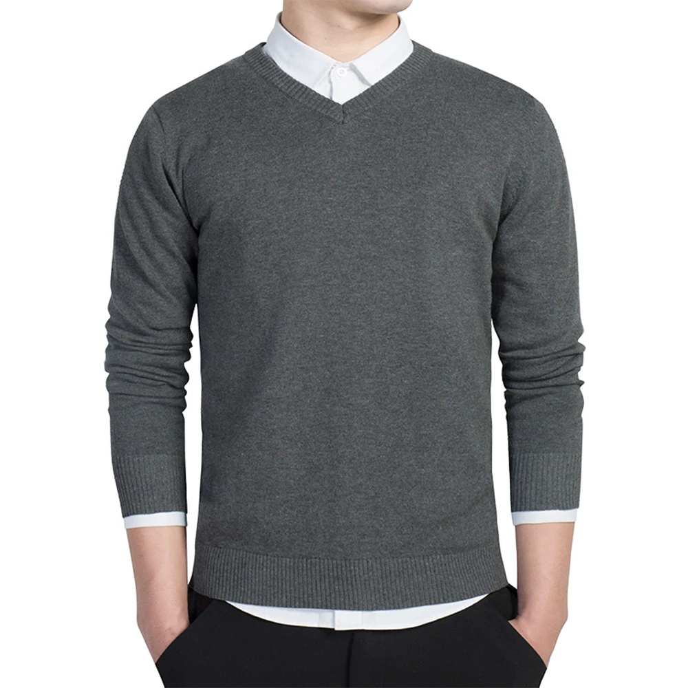 Mens Solid Color V Neck Jumper Knitted Plain Sweater Casual Formal Long Sleeves Top Business Bottoming