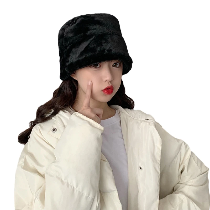 Women Winter Fuzzy Plush Warm Dome Bucket Hat Leopard Harajuku Fisherman Cap