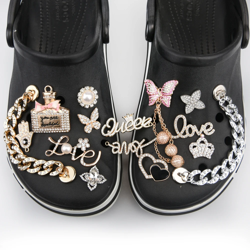 Bling Metal Croc Shoe Charms Women Butterfly Queen Crown Shoe Decorations Girl Flower Rhinestone Chains Wristband Accessories