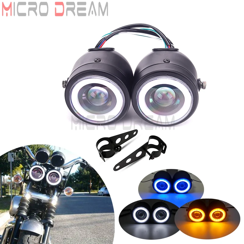 

LED Motorcycle Twin Dual Dominator Headlight Cafe Racer Double Head Light For Harley Softail Stree Fat Boy FLSTF Touring Dyna