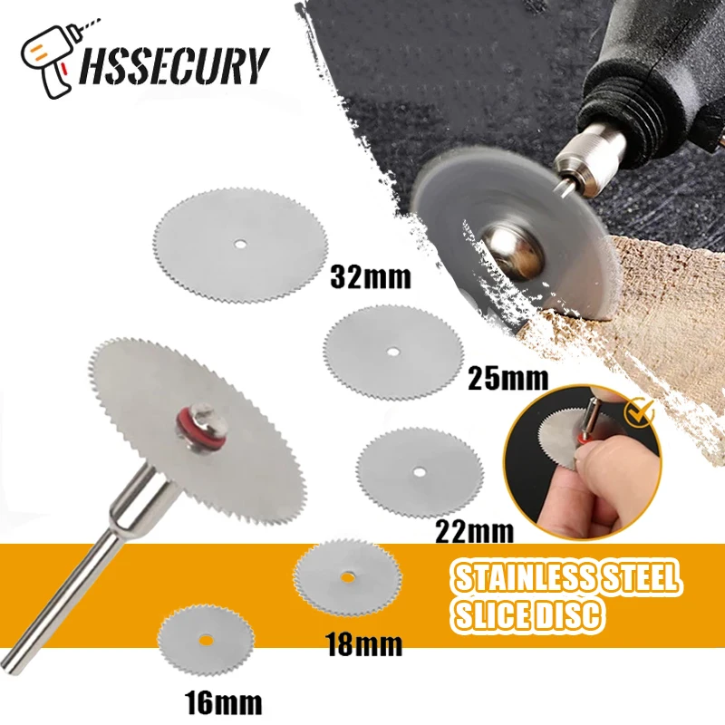 

5/6Pcs Stainless Steel Slice Metal Cutting Disc Set With 1 Mandrel for Dremel Rotary Tools 16 18 22 25 32mm Wood Saw Blade Disc