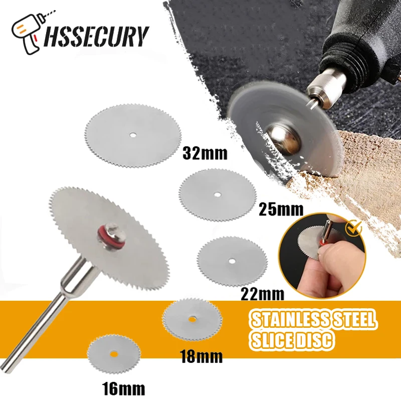 5/6Pcs Stainless Steel Slice Metal Cutting Disc Set With 1 Mandrel for Dremel Rotary Tools 16 18 22 25 32mm Wood Saw Blade Disc