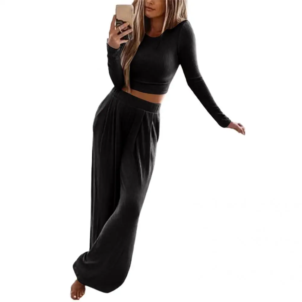

1 Set Women Outfit Solid Color Women Pajama Pure Color Ribbed Crop Top Pants