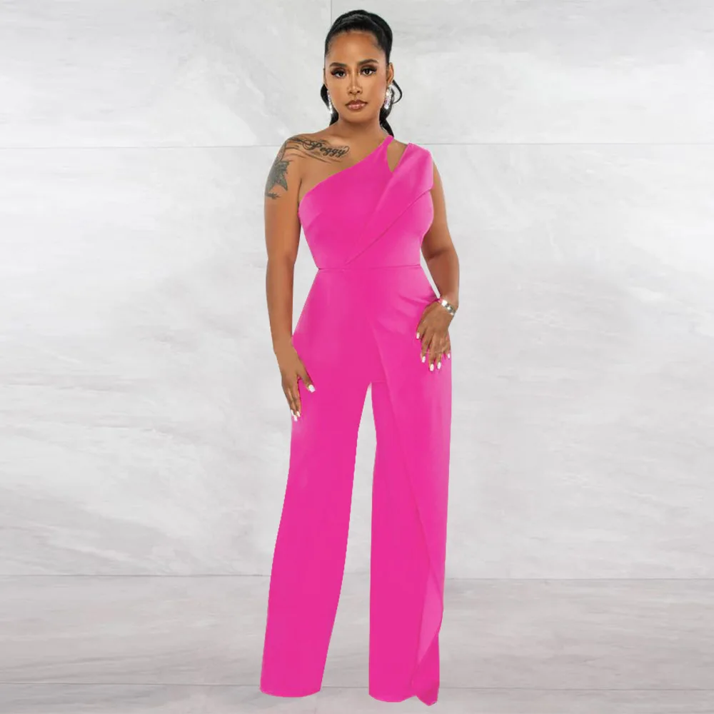 

2023 Summer Women New Elegant Oblique Shoulder Backless One Piece Trousers Straight Long Pants Overalls Sleeveless Rompers