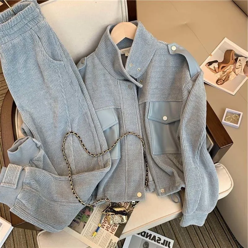 

Autumn Winter Women Grey Sport and Leisure Suit 2023Korean Version Retro Fashion Senior Seniority Age-reducing Two-piece Set