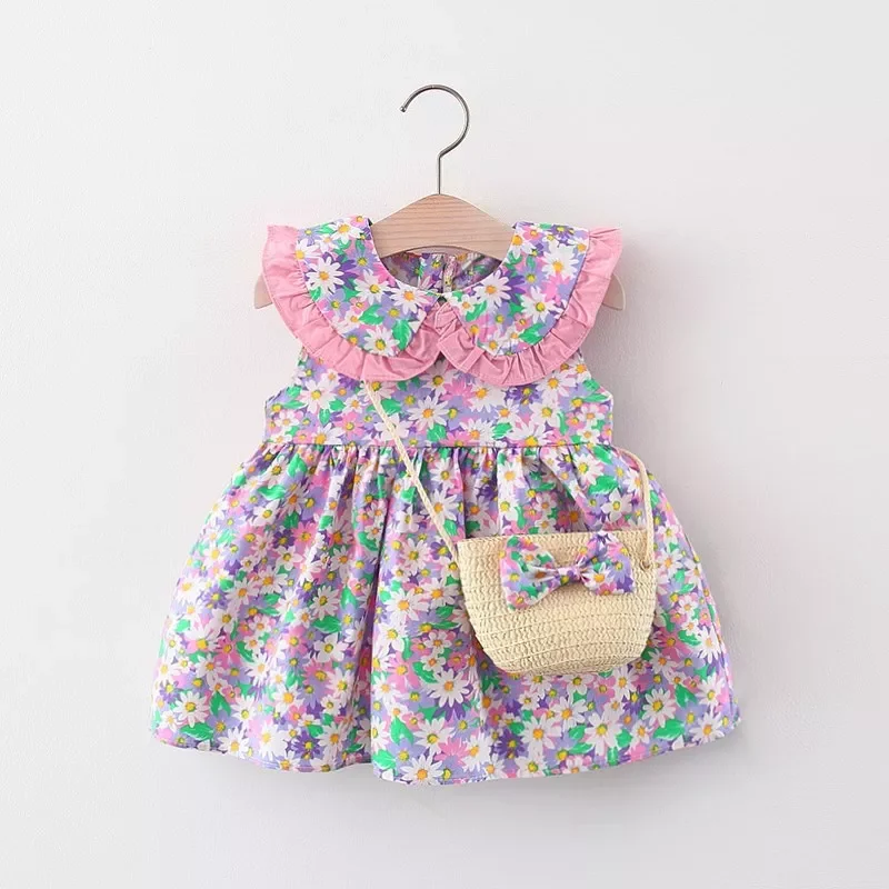 Summer Newborn Dress Fashion Print Doll Collar Cute Princess Beach Flowers Dresses+Bag Little Girls Clothing