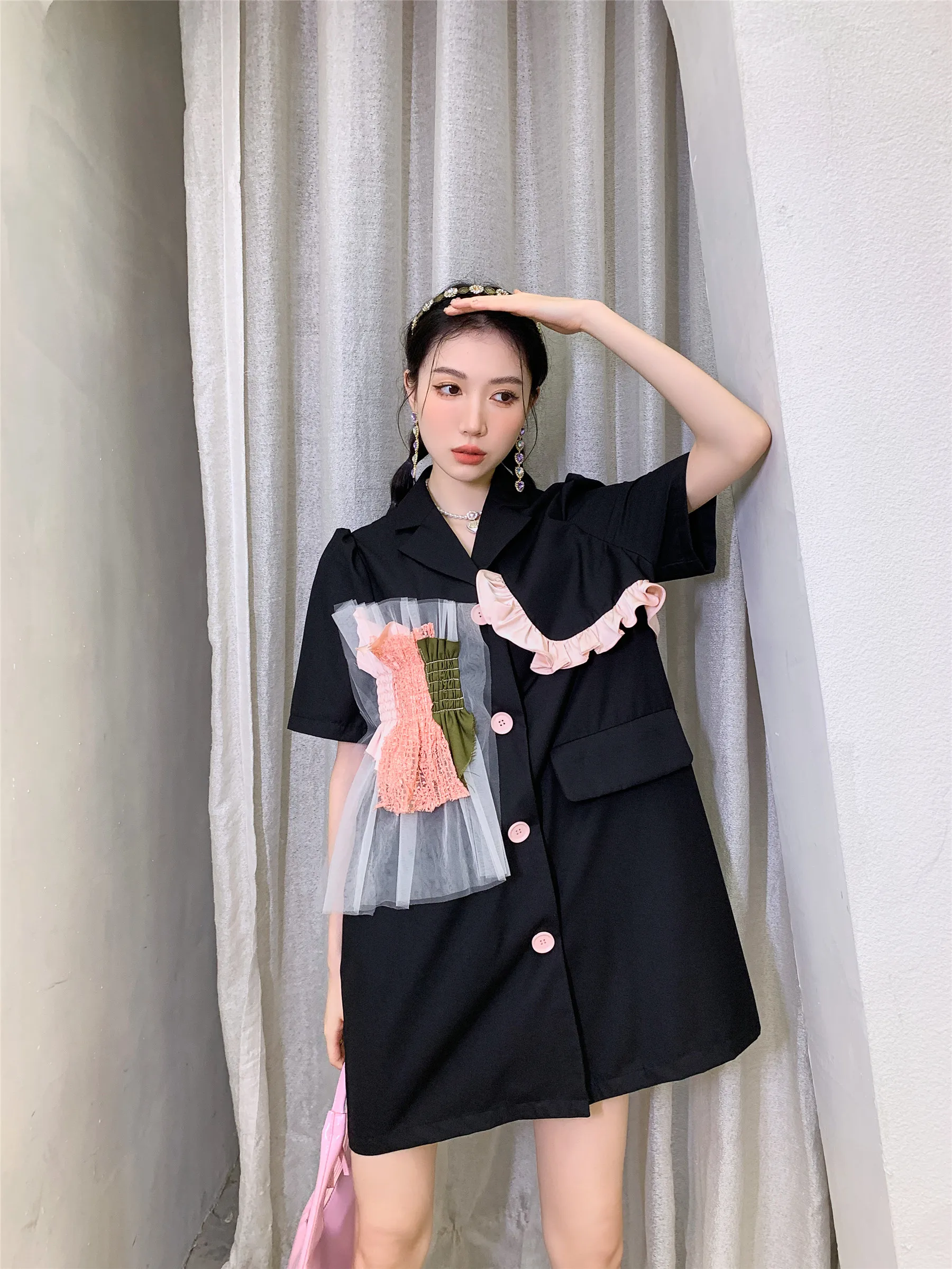

ZCSMLL Designer Black Button Up Blazer Dress Women 2022 Summer Korean Fashion Ruffles Mini Short Sleeve Designer Dresss