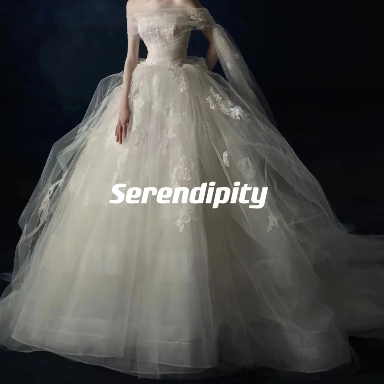 

SerendipityBall-GownLace shapeLineCollarApplique Floor-length RuffleTulle Zipper Up Strapless Luxury Dresses for Evening Elegant