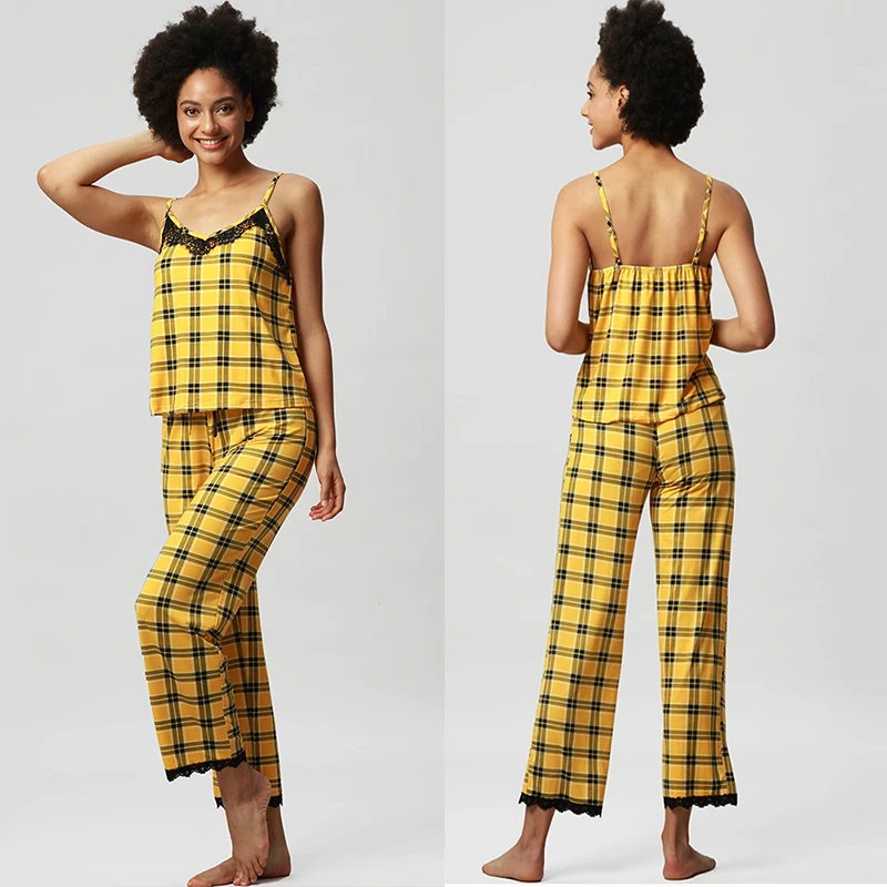 

Sexy Womens Pijama Summer Sleepwear 2 Pieces Nightie Ladies Big Size Pajamas Underwear Set Cotton Pyjama Plaid Nightgown Clothes