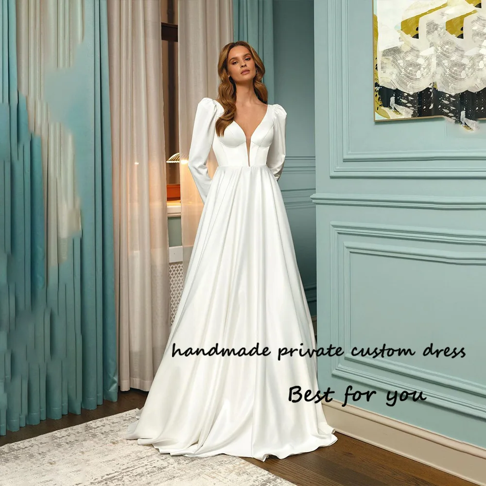 

White Satin A Line Wedding Dresses Long Sleeve V Neck Elegant Bride Dress Simple Civil Women Wedding Bridesmaid Gowns