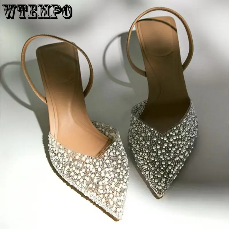 WTEMPO Women Pointed Head High Heeled Sandals Summer Sexy Shoes Fashion Pearl Decoration Slingback Pumps Wholesale Dropshipping