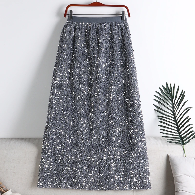 

Chic Sequins Skirts High Waist Elastic Jupe Mujer Faldas New Autumn&Winter Long Skirt Casual Women Vintage Clothes Dropshipping