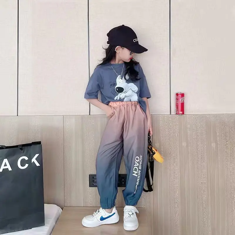 

Girls Fashion Summer New Gradient Color Space Rabbit Suits 5-14 Years Girls Sports Streetwear Outfits Sets Teenage Short Clothes