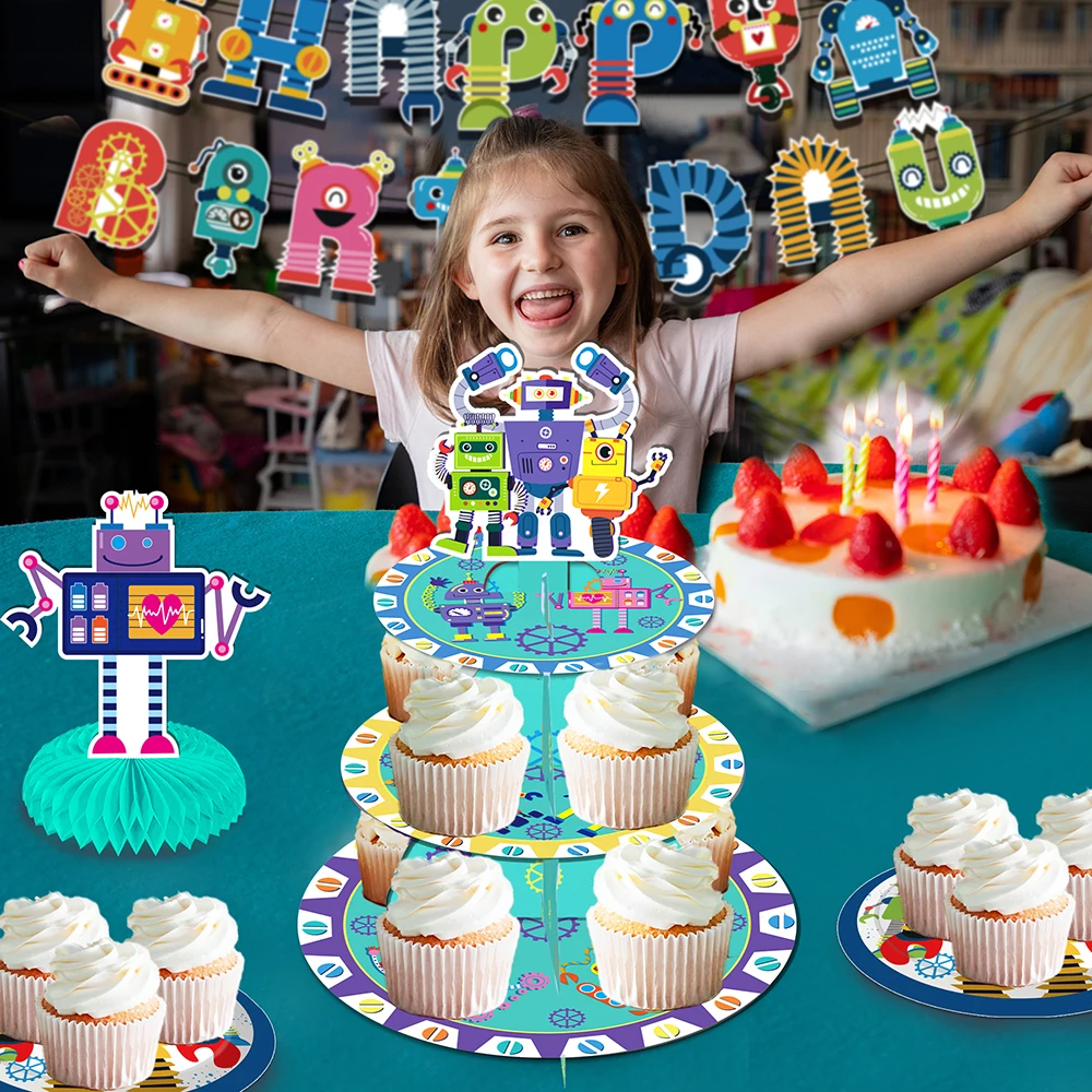 

3-tiers Game Cartoon Smart Mechanic Robot BIRTHDAY Party Paper Cupcake Display Stand Table Crafts Baby Shower Party Cake Decors