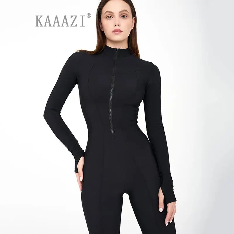 

KAAAZI Autumn Winter Long Sleeve Jumpsuits Women Overalls Fashion Zipper O Neck Sporty Rompers Ladies Playsuits Casual Slim