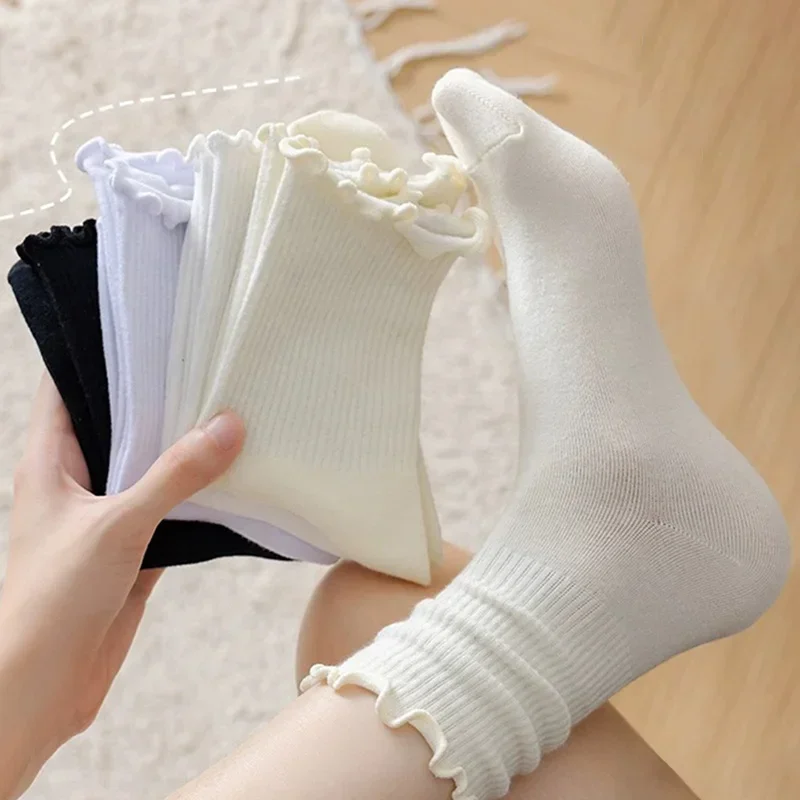 4 пары хлопковых носков до щиколотки с оборками женские осенние черные белые