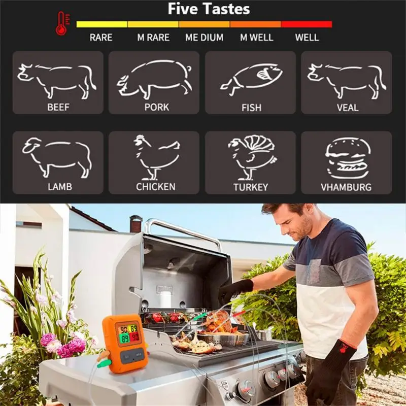 

Digital Remote BBQ Thermometers Wireless Meat Thermometer with 4 Probes 328Ft Long Range for Barbeque Grill Oven Kitchen
