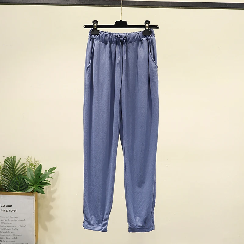 Cotton Linen Nine Capris Pants Women Summer Large Size Solid Harem Pants Elastic Waist Loose Casual Oversized Linen Trousers