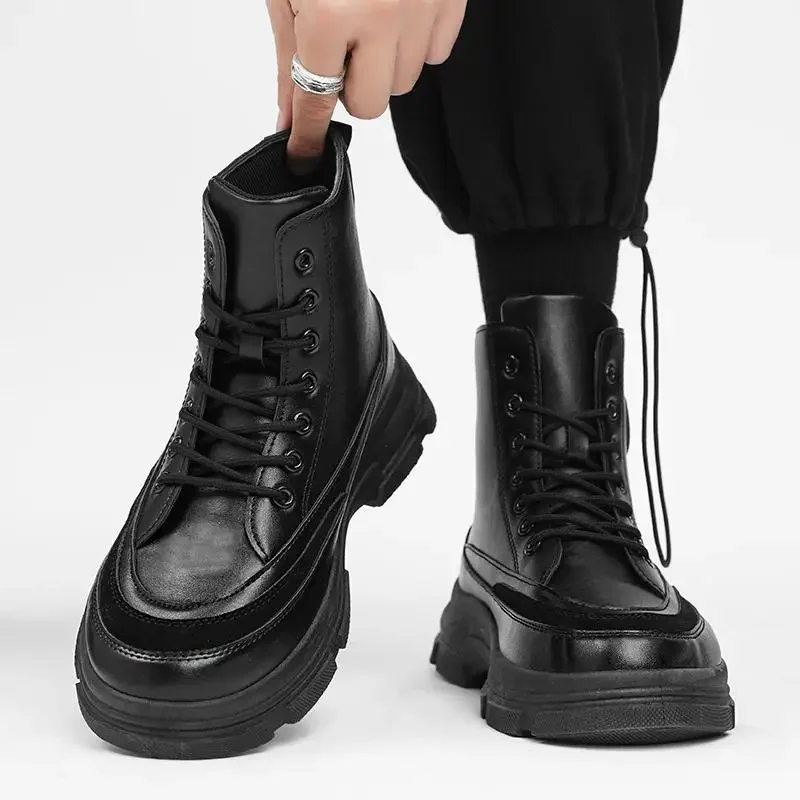 

Мужские осенние новые высокие ботинки челси в британском стиле Мужская Черная рабочая одежда мотоциклетная кожаная обувь для мальчиков